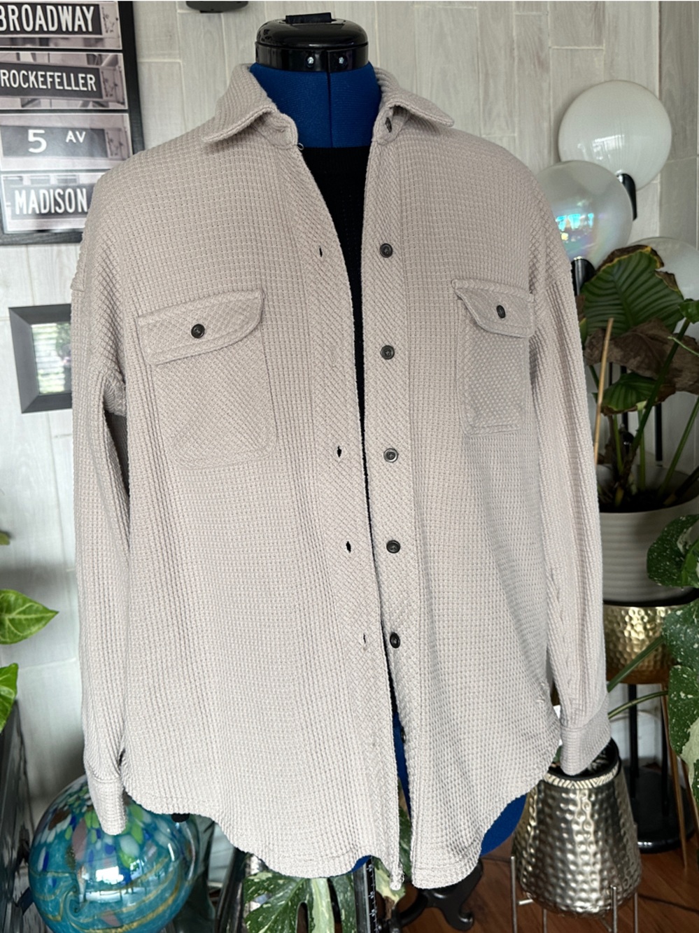Men's Cream Knit Button-Front Shirt Jacket